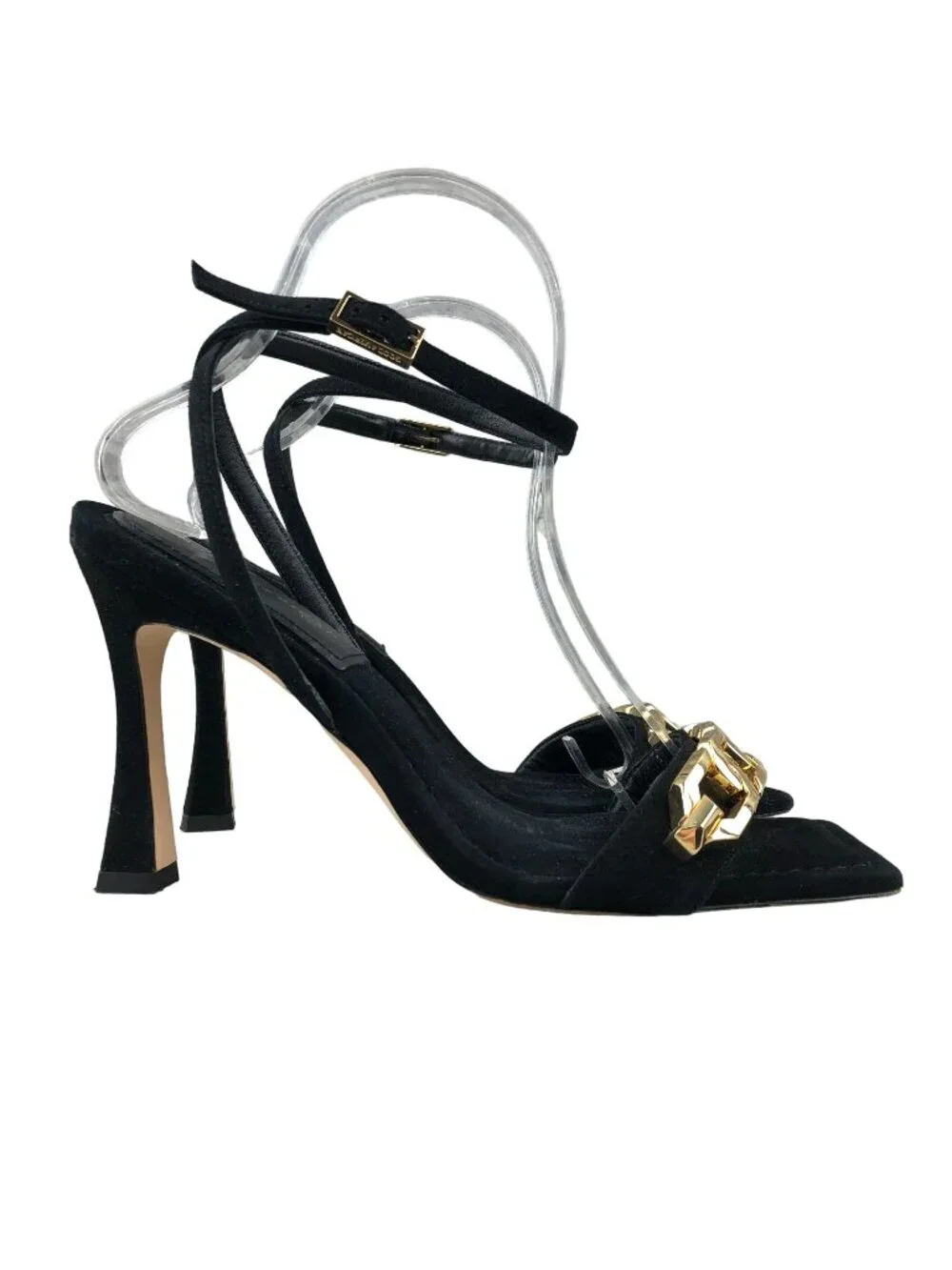 Good American Women' Size 9 Black Gold Chain Ankle Strap High Heel Sandals SPAIN